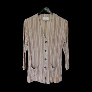 90's Express Compagnie Tan Striped Crinkle Cardigan Sweater M Distressed